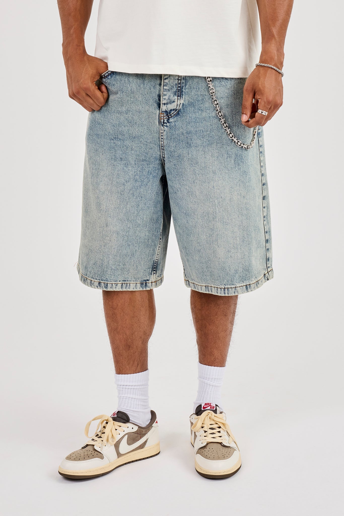Denim Baggy Jort & 10mm Polished Multi Cross Polished Jean Chain - Antique Wash