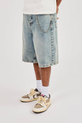 Denim Baggy Jort & 10mm Polished Multi Cross Polished Jean Chain - Antique Wash