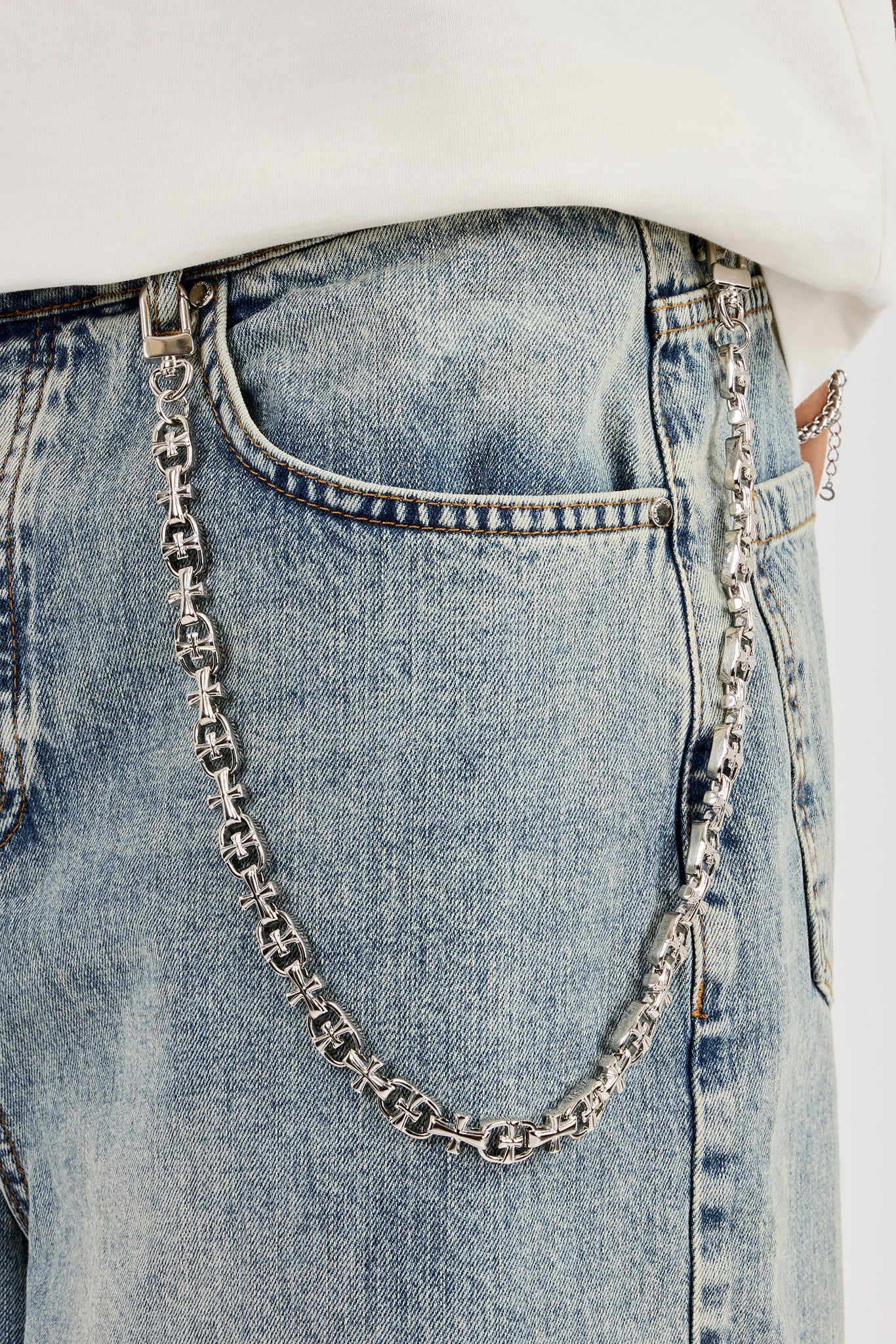 Denim Baggy Jort & 10mm Polished Multi Cross Polished Jean Chain - Antique Wash