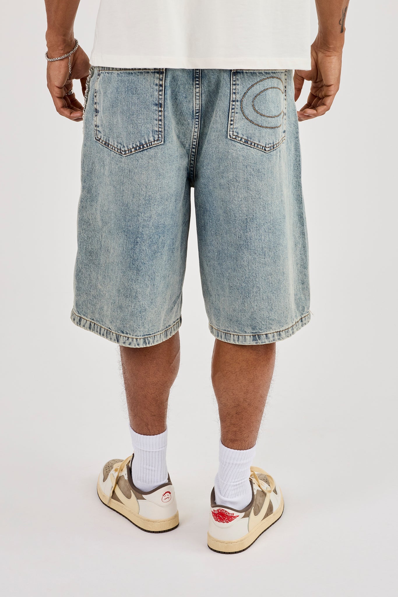 Denim Baggy Jort & 10mm Polished Multi Cross Polished Jean Chain - Antique Wash