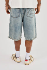 Denim Baggy Jort & 10mm Polished Multi Cross Polished Jean Chain - Antique Wash