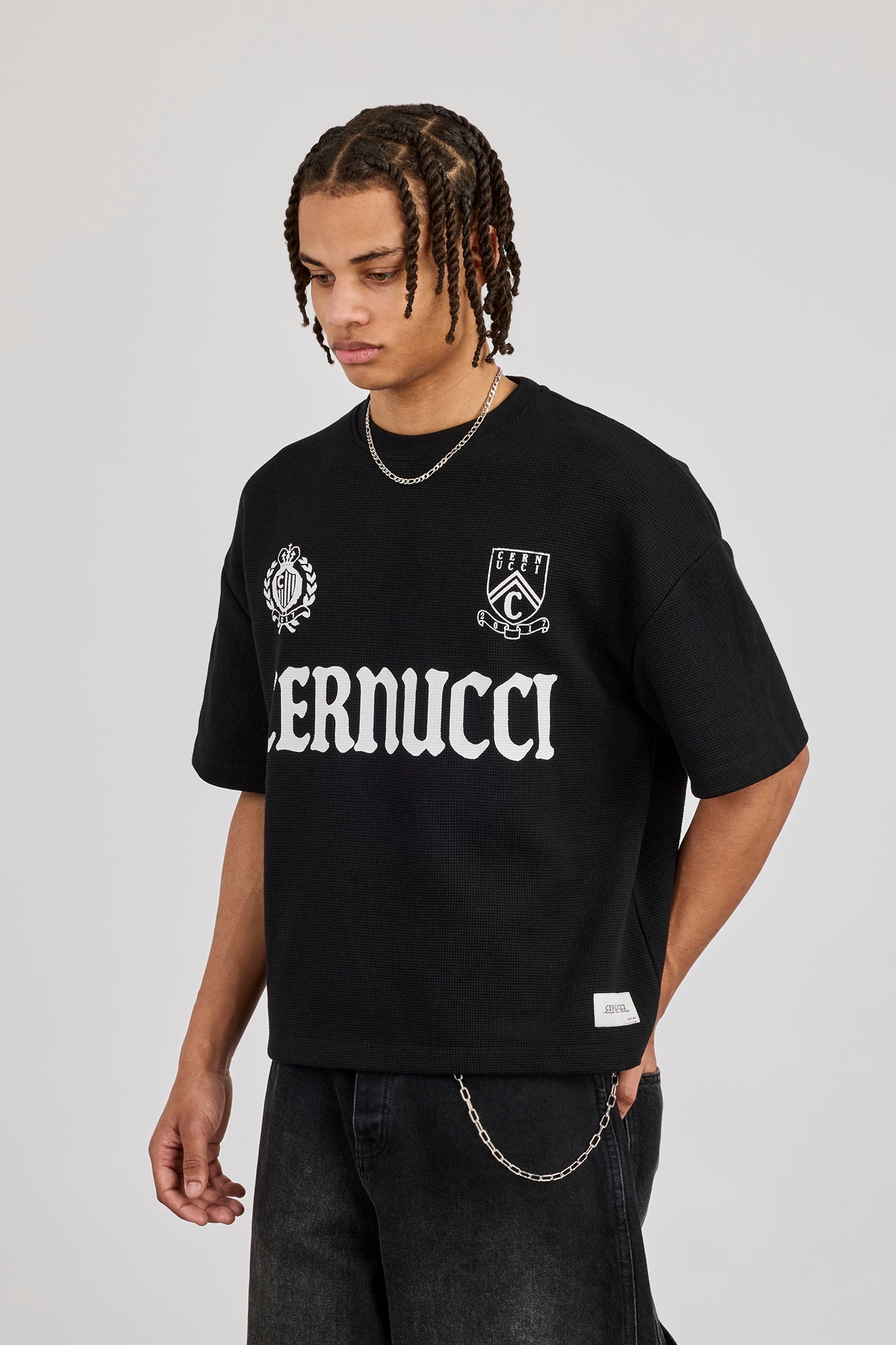 Boxy Waffle Print T-Shirt - Black