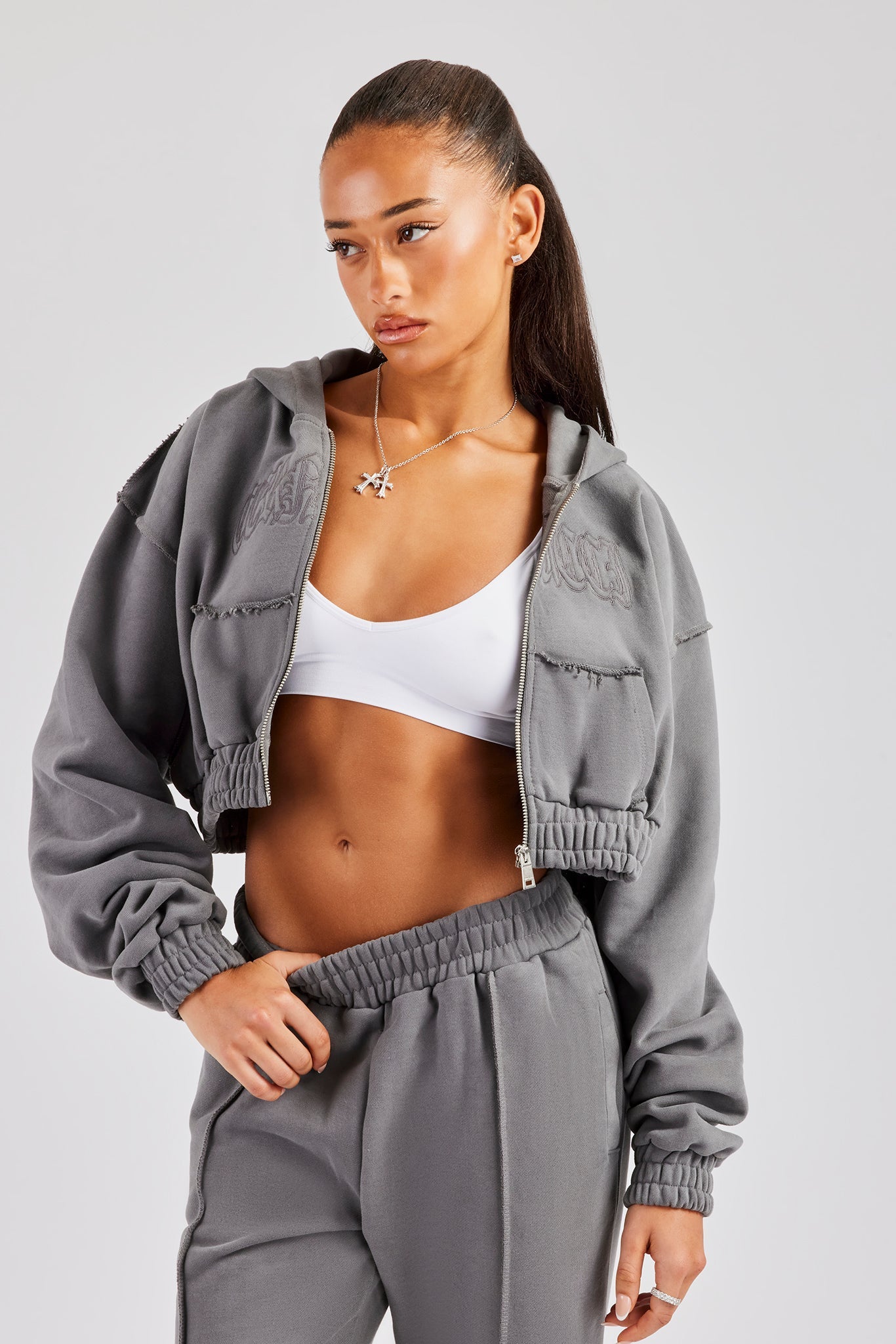 Cropped Exposed Seam Zip Through Hoodie - Charcoal | Womens