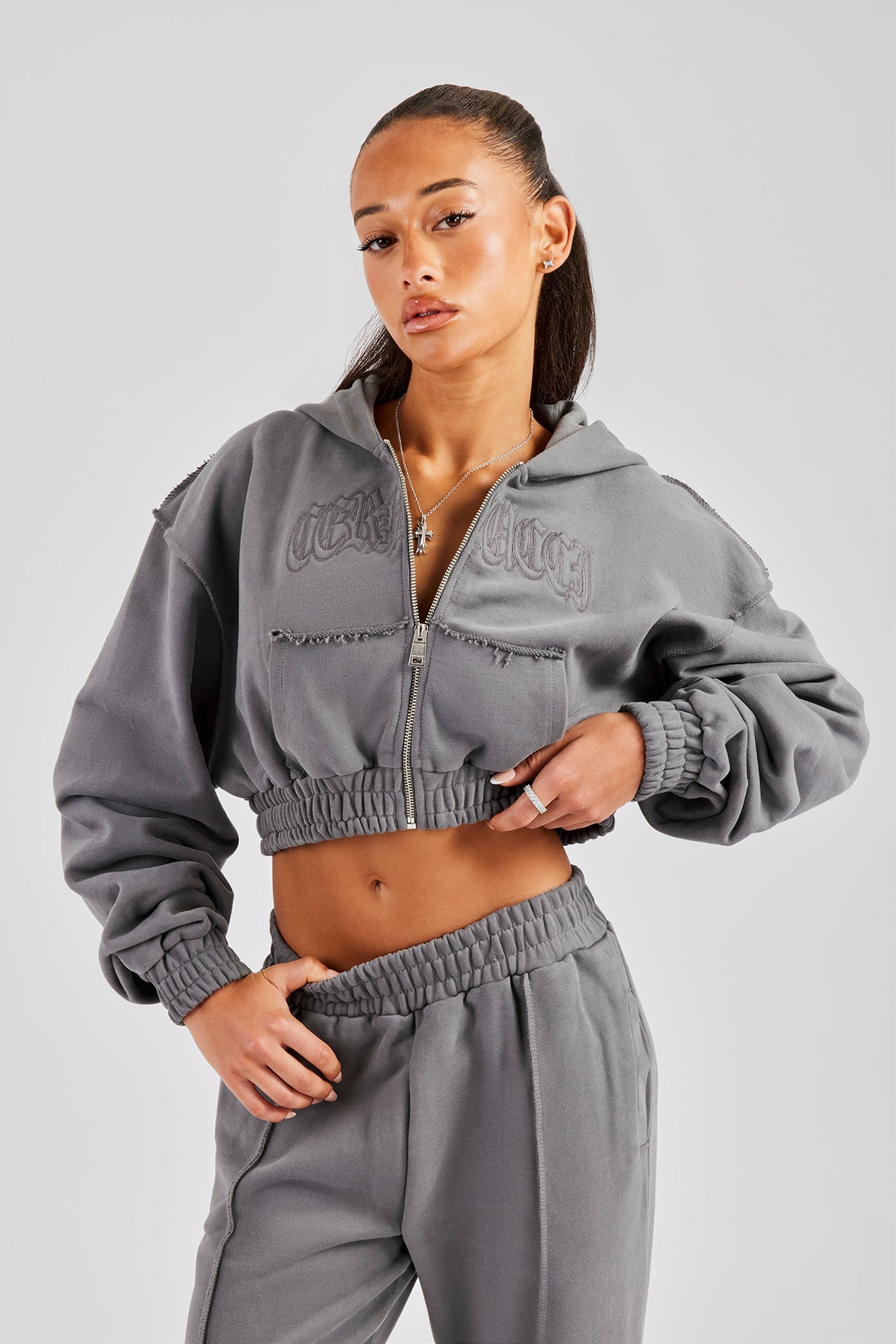 Cropped Exposed Seam Zip Through Hoodie - Charcoal | Womens