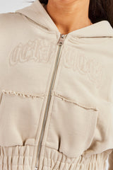 Cropped Exposed Seam  Zip Through Hoodie - Stone