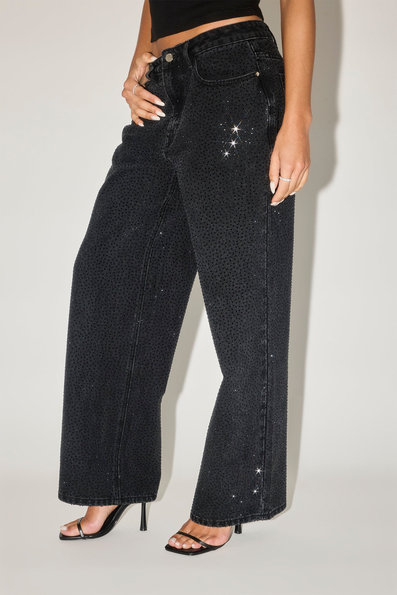 Baggy All Over Rhinestone Jean - Washed Black