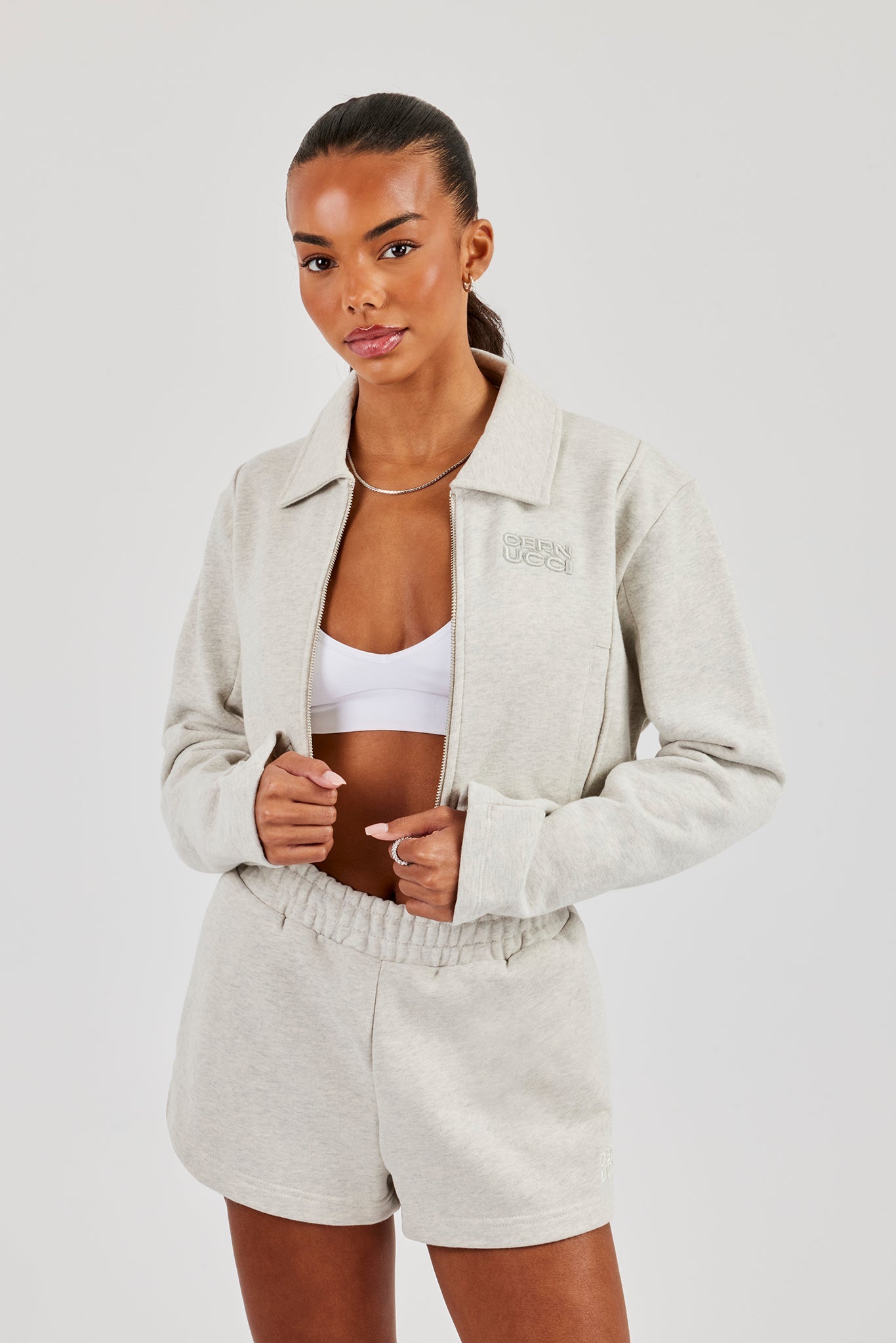 Tailored Harrington Jacket & Embroidered Short - Ash Grey