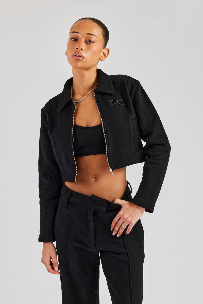 Tailored Jersey Cropped Harrington Jacket - Black