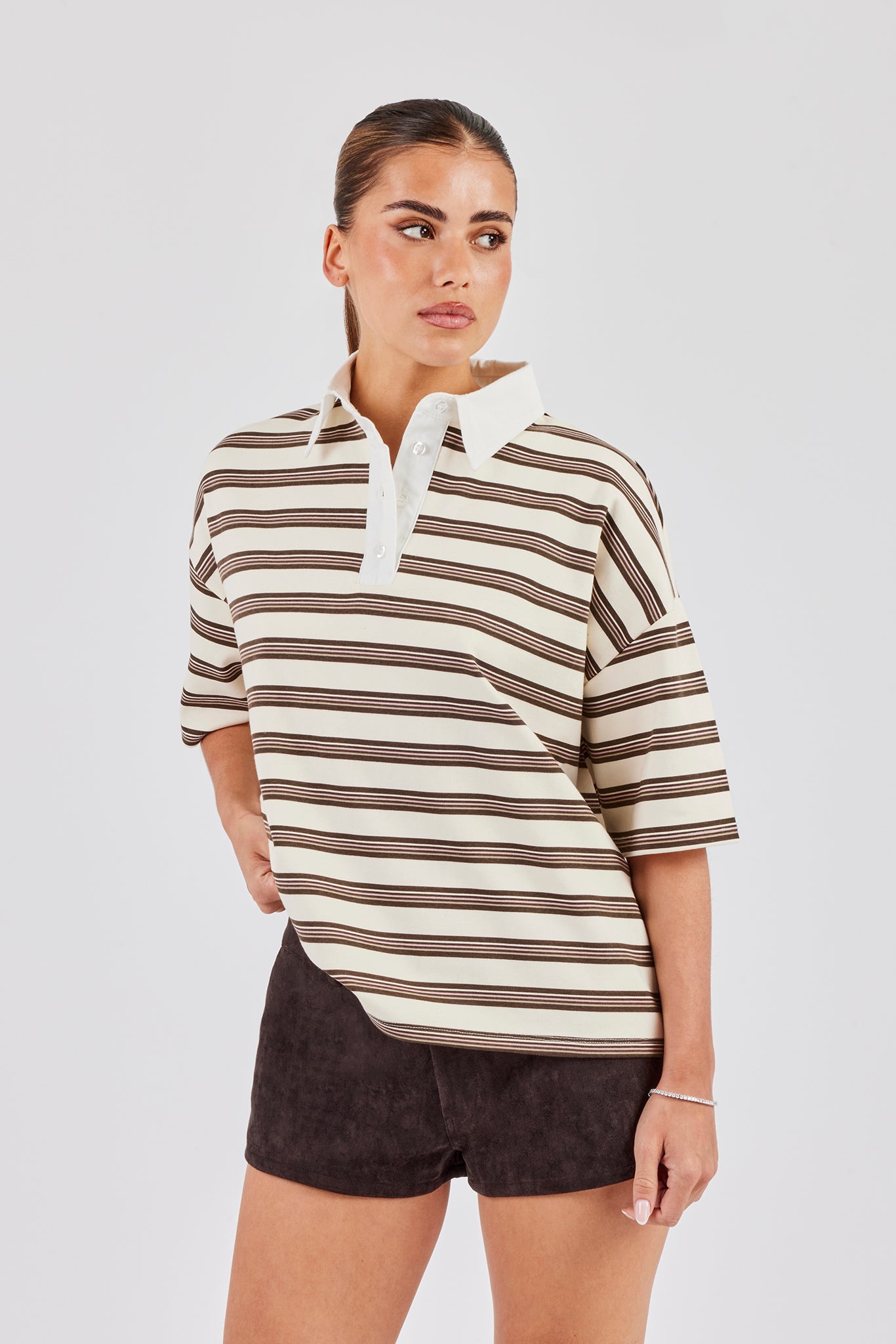 Oversized Stripe Short Sleeve Top - Ecru