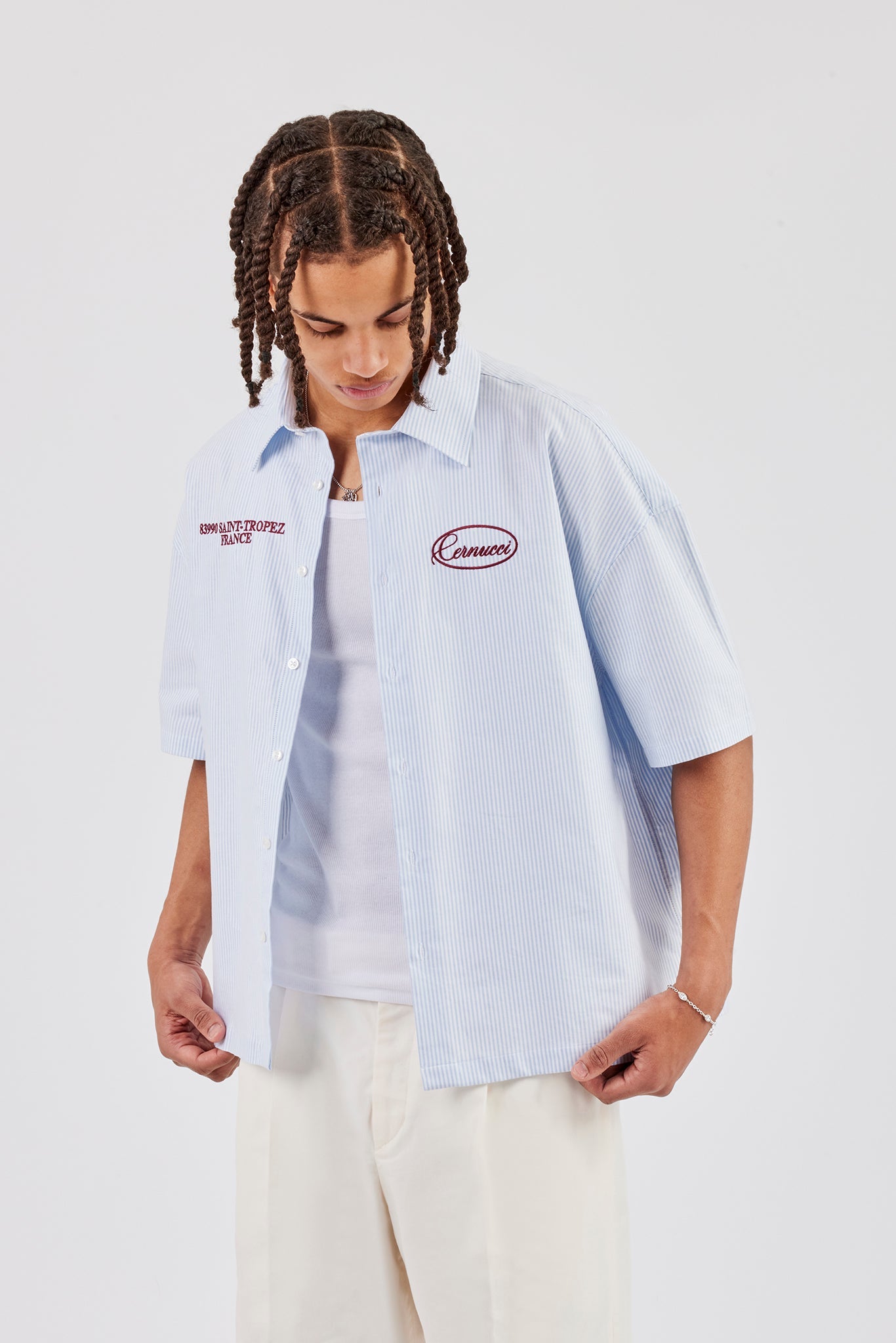 Boxy Stripe Short Sleeve Shirt - Blue