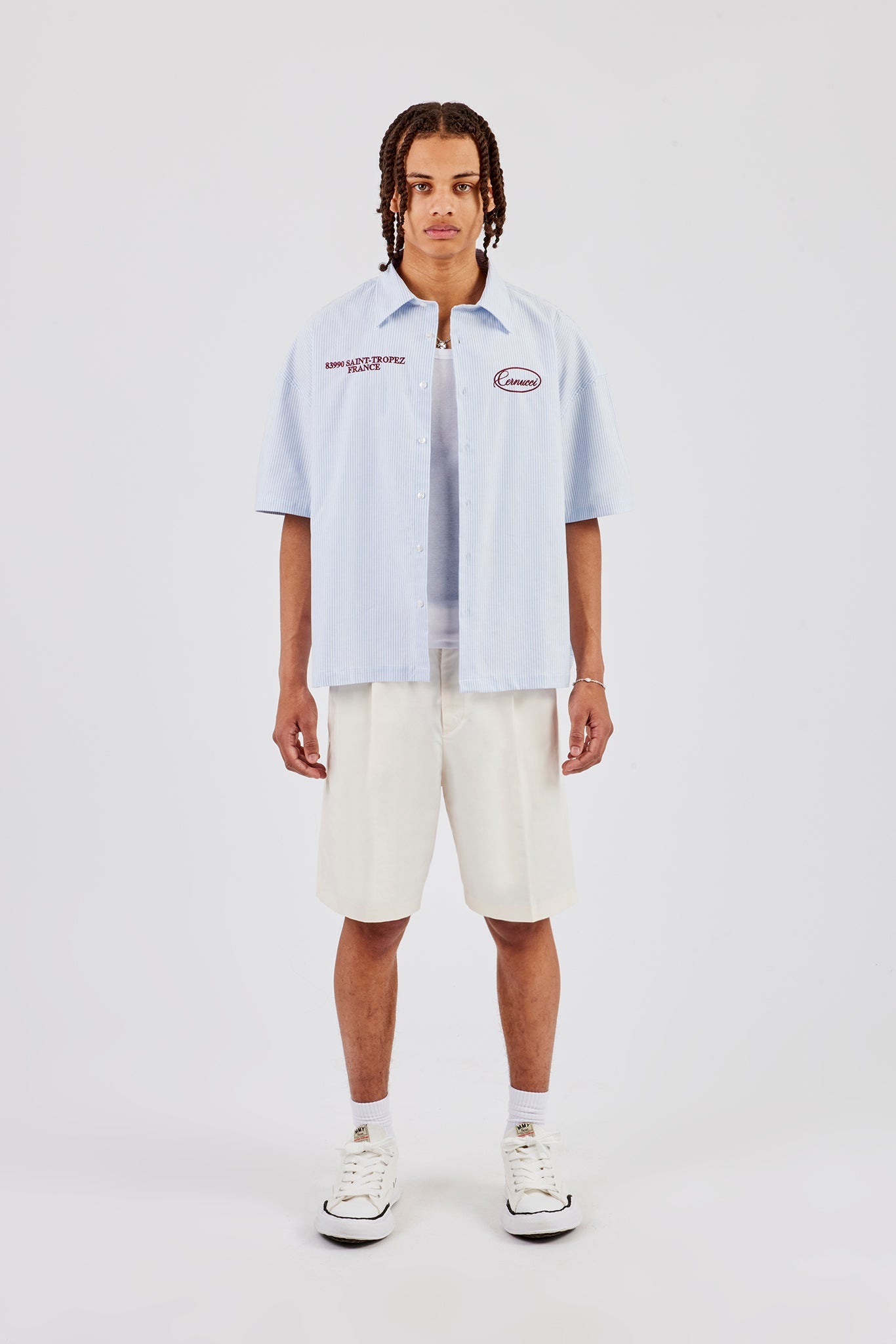 Boxy Stripe Short Sleeve Shirt - Blue | Mens Shirts | Shop Plain