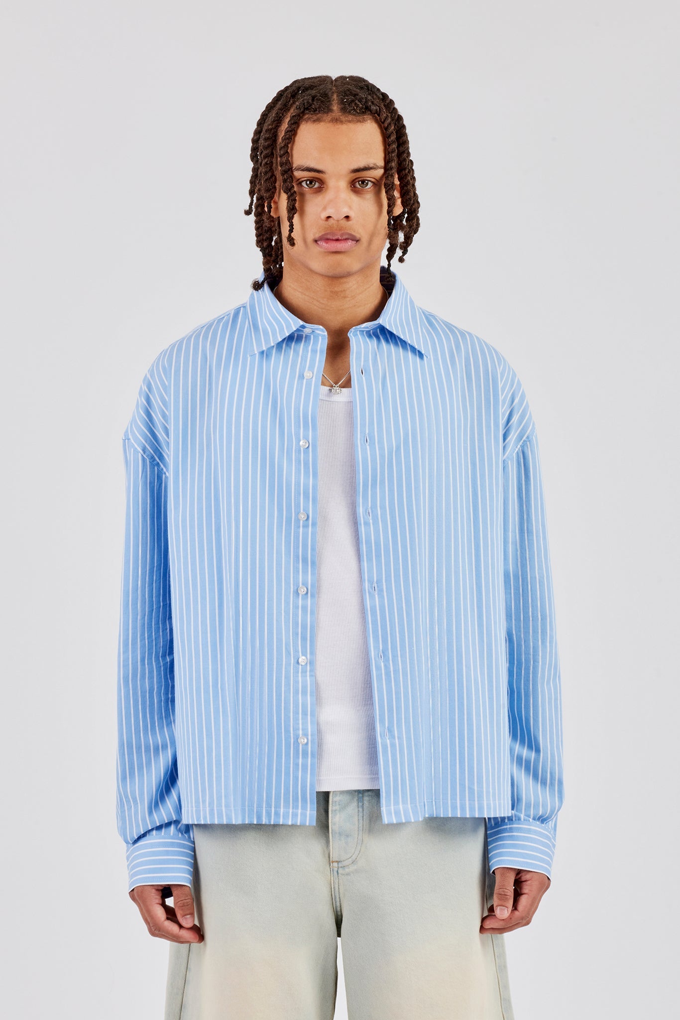 Long Sleeve Boxy Stripe Shirt - Blue | Mens Shirts | Shop Plain