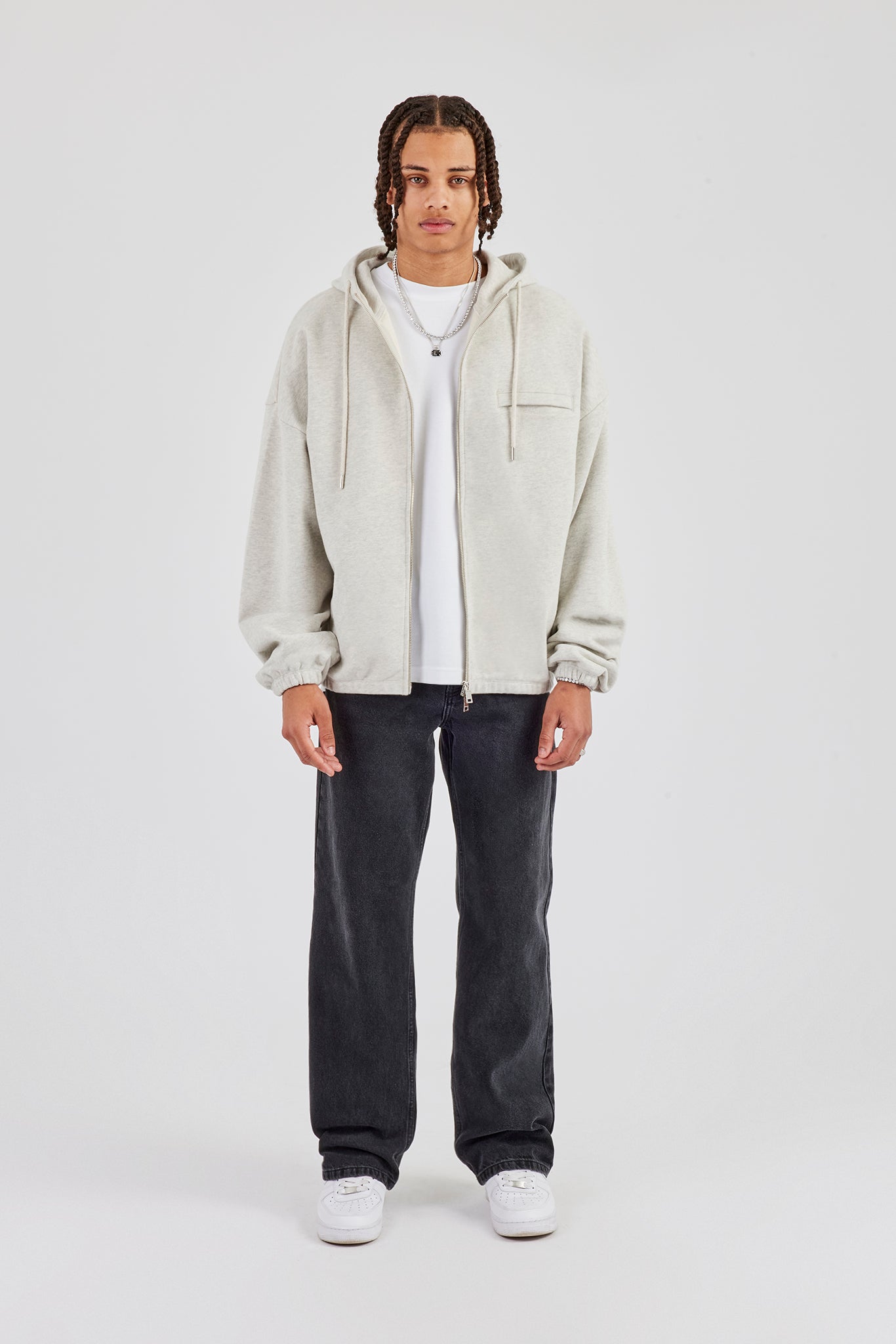 Zip Through Hoodie With Drawcords - Ash Marl