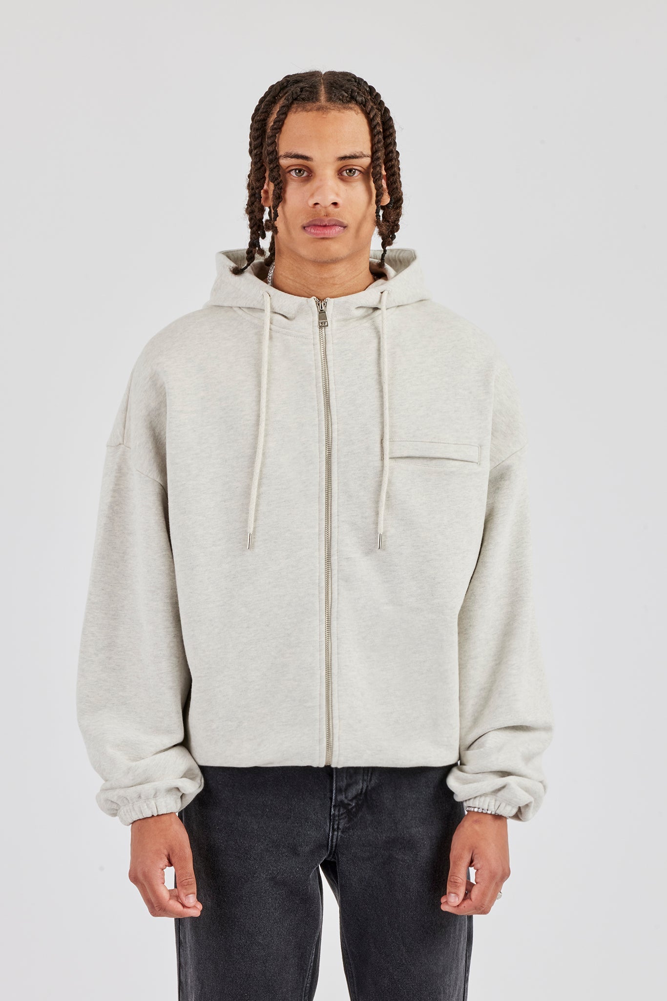 Zip Through Hoodie With Drawcords - Ash Marl
