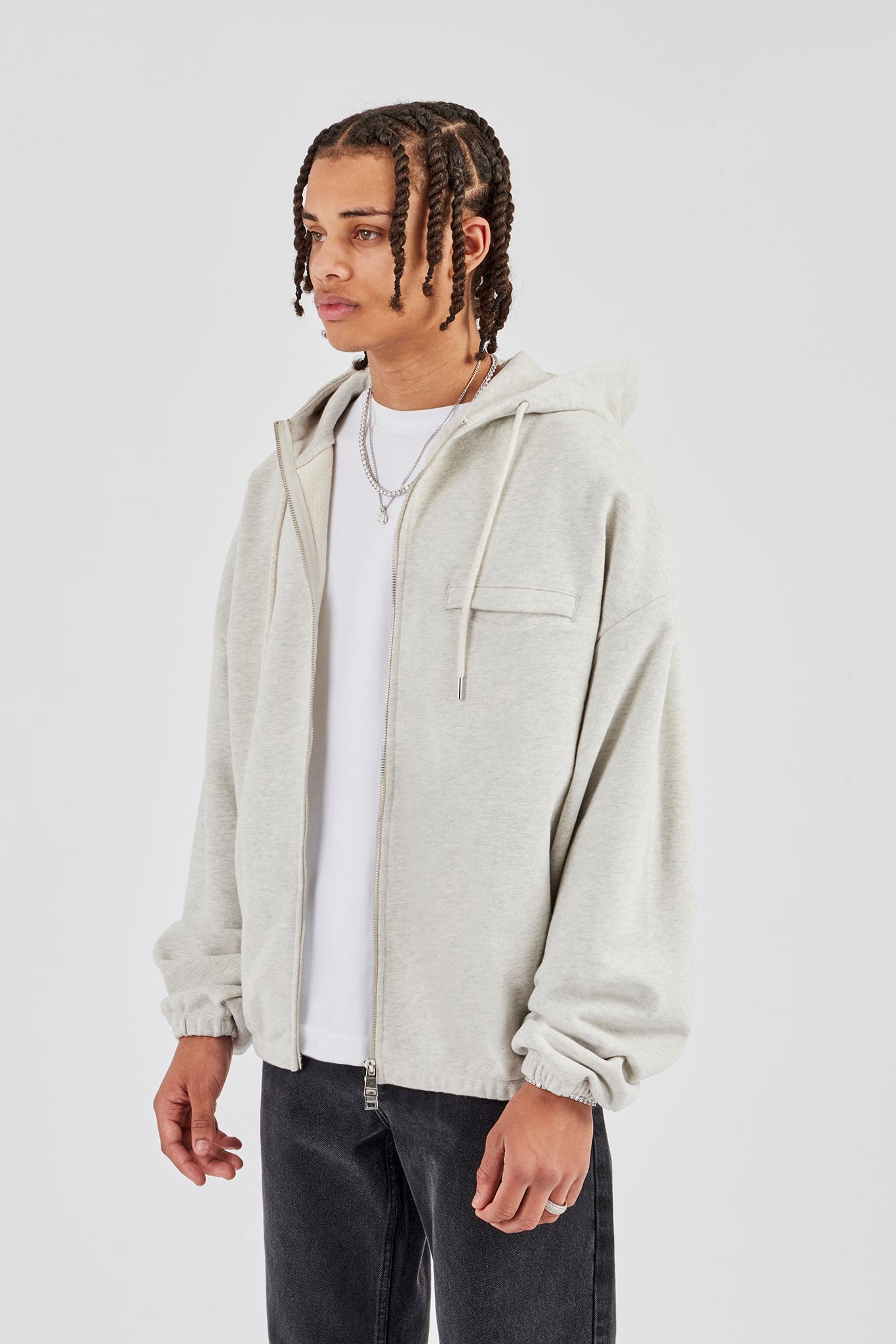 Zip Through Hoodie With Drawcords - Ash Marl