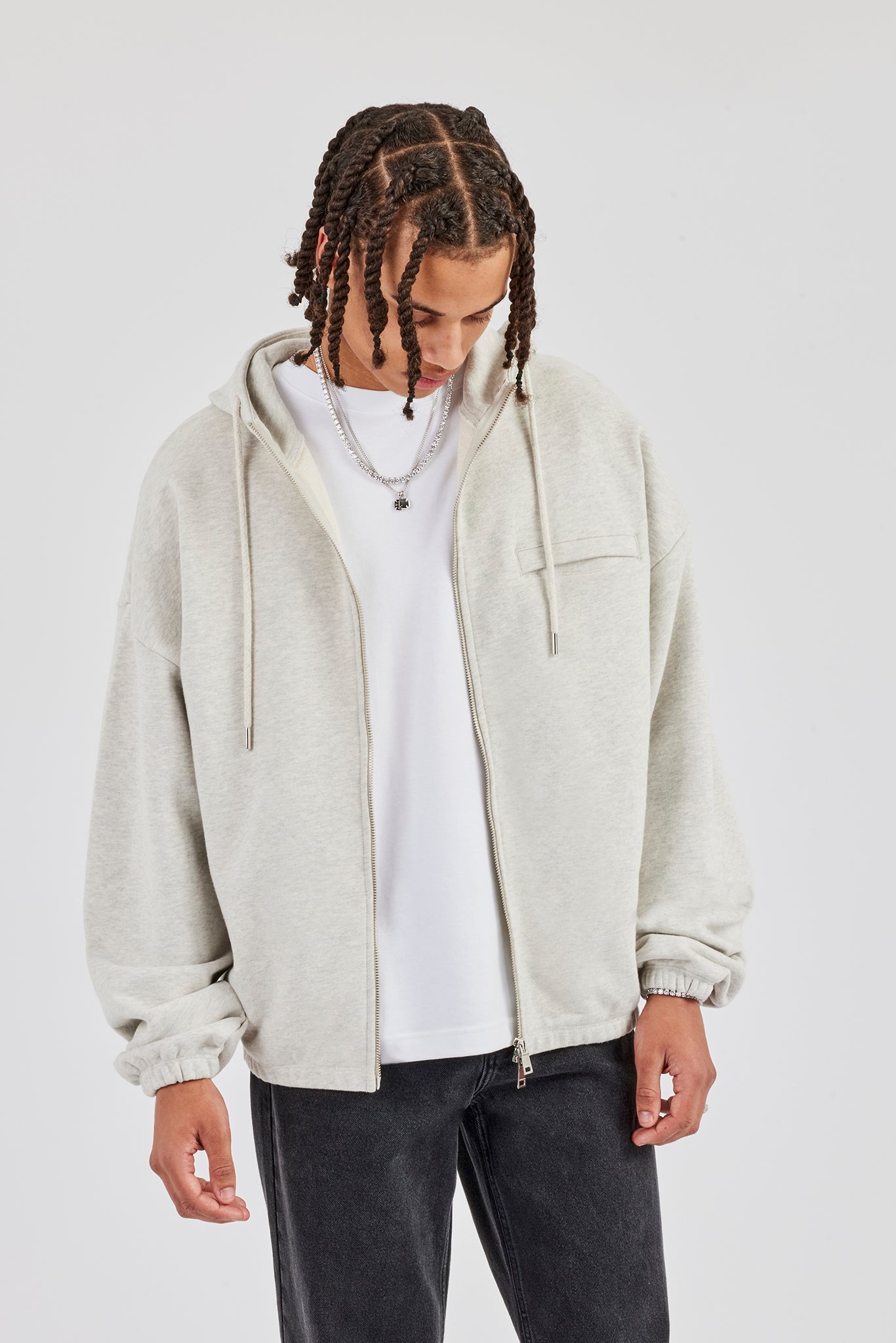 Zip Through Hoodie With Drawcords - Ash Marl