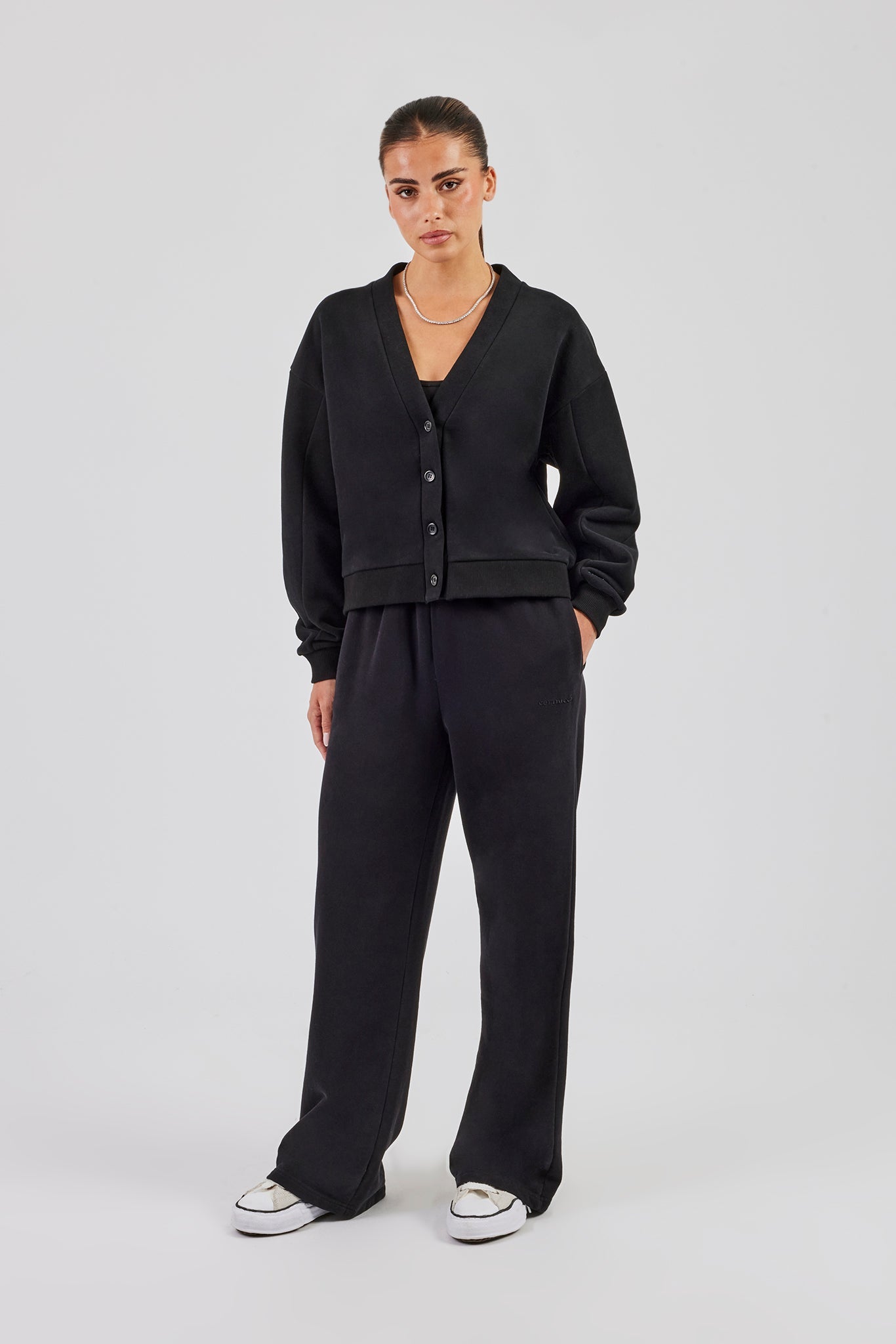 Jersey Boxy Cardigan & Wide Leg Jogger - Black