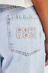 Embroidered Baggy Jean - Ice Blue
