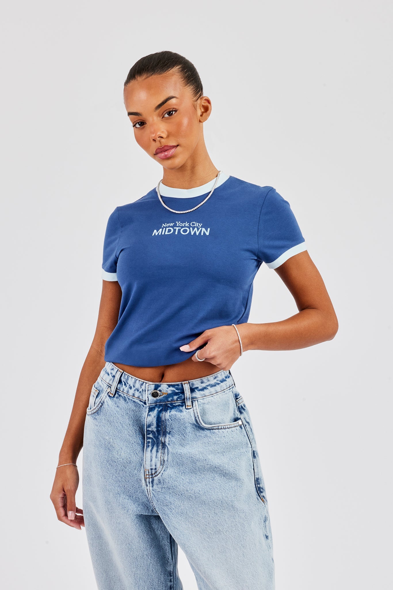 Midtown Contrast Baby Tee - Navy Blue