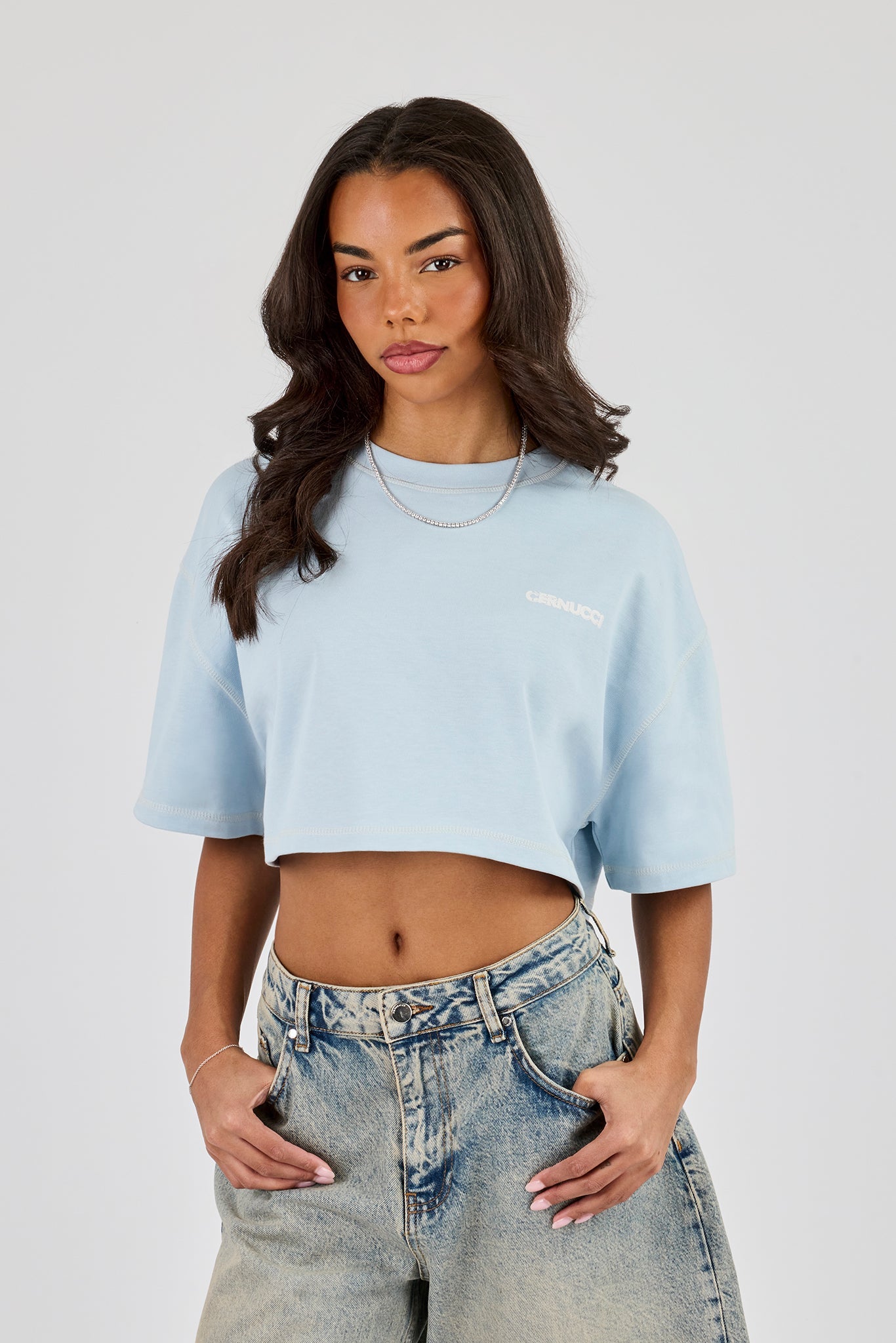 Brazillian Back Puff Print Cropped T-Shirt - Baby Blue