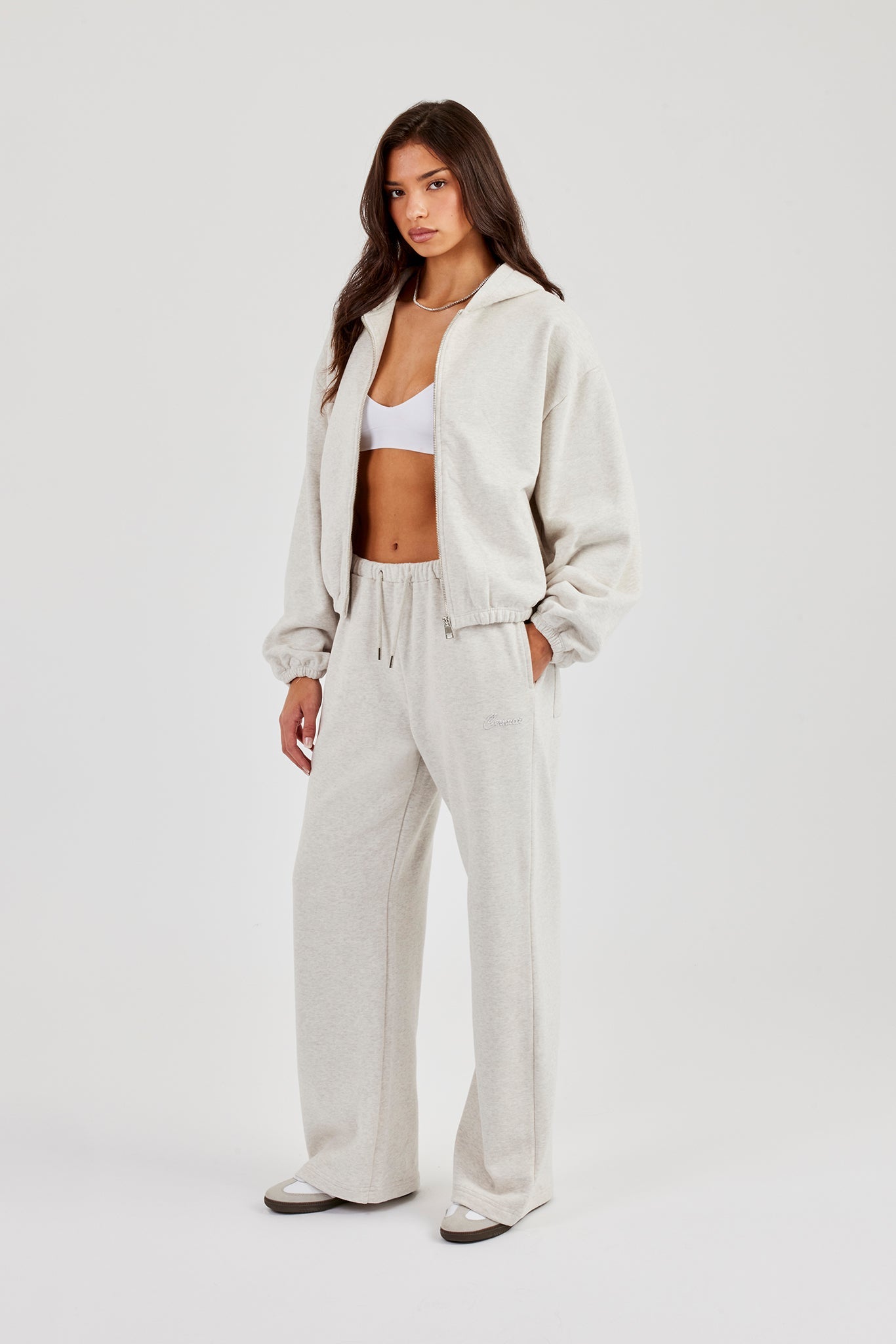 Towelling Applique Zip Hoodie & Wide Leg Jogger - Grey Marl