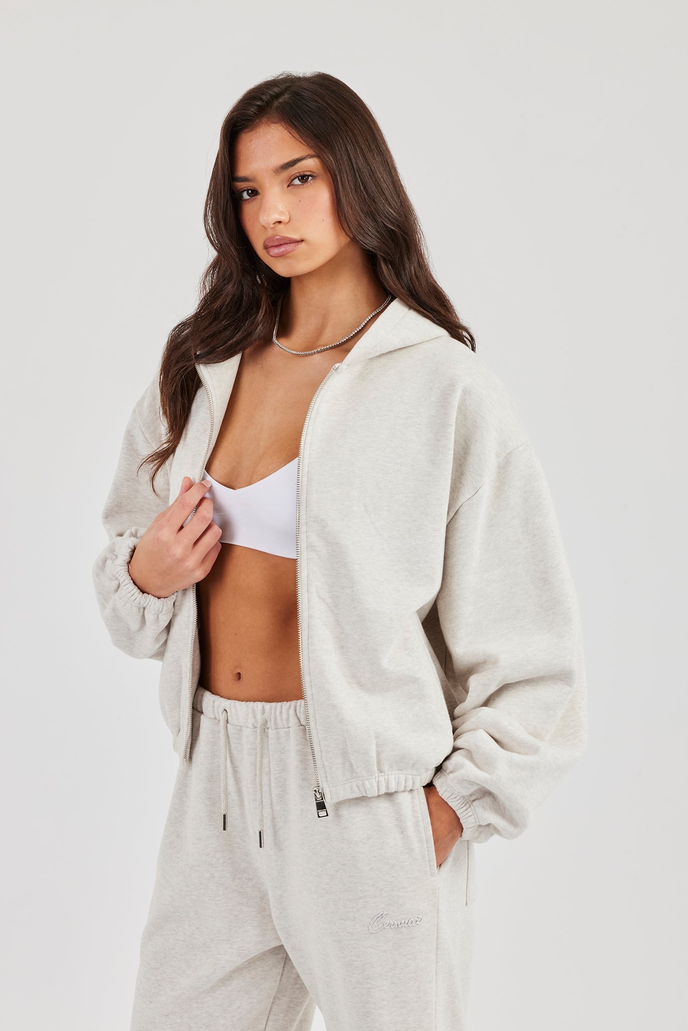 Towelling Applique Zip Hoodie - Grey Marl