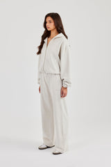 Towelling Applique Zip Hoodie & Wide Leg Jogger - Grey Marl