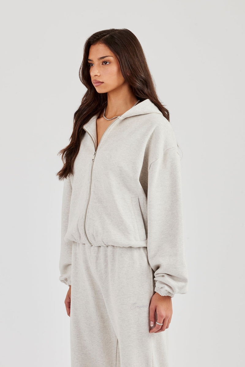 Towelling Applique Zip Hoodie - Grey Marl