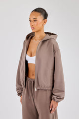 Towelling Applique Zip Hoodie - Taupe