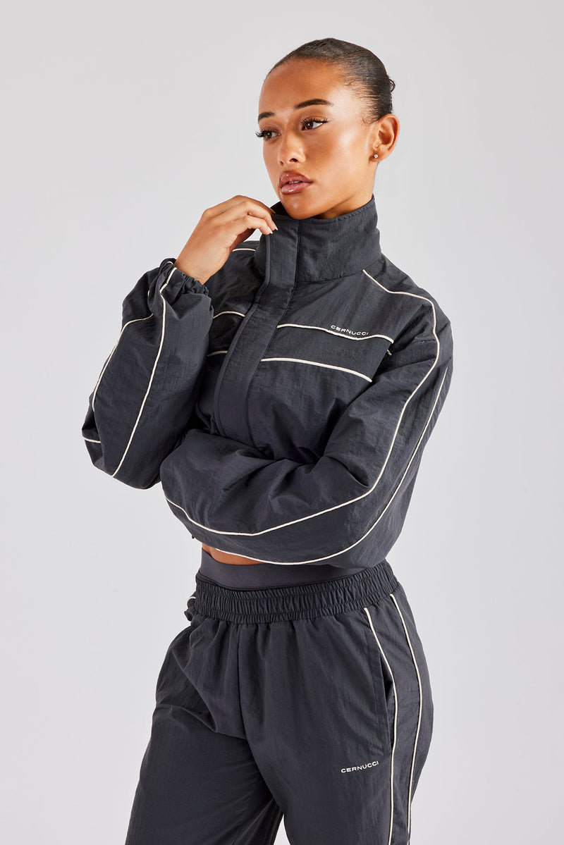 Nylon Cropped Zip Jacket - Charcoal