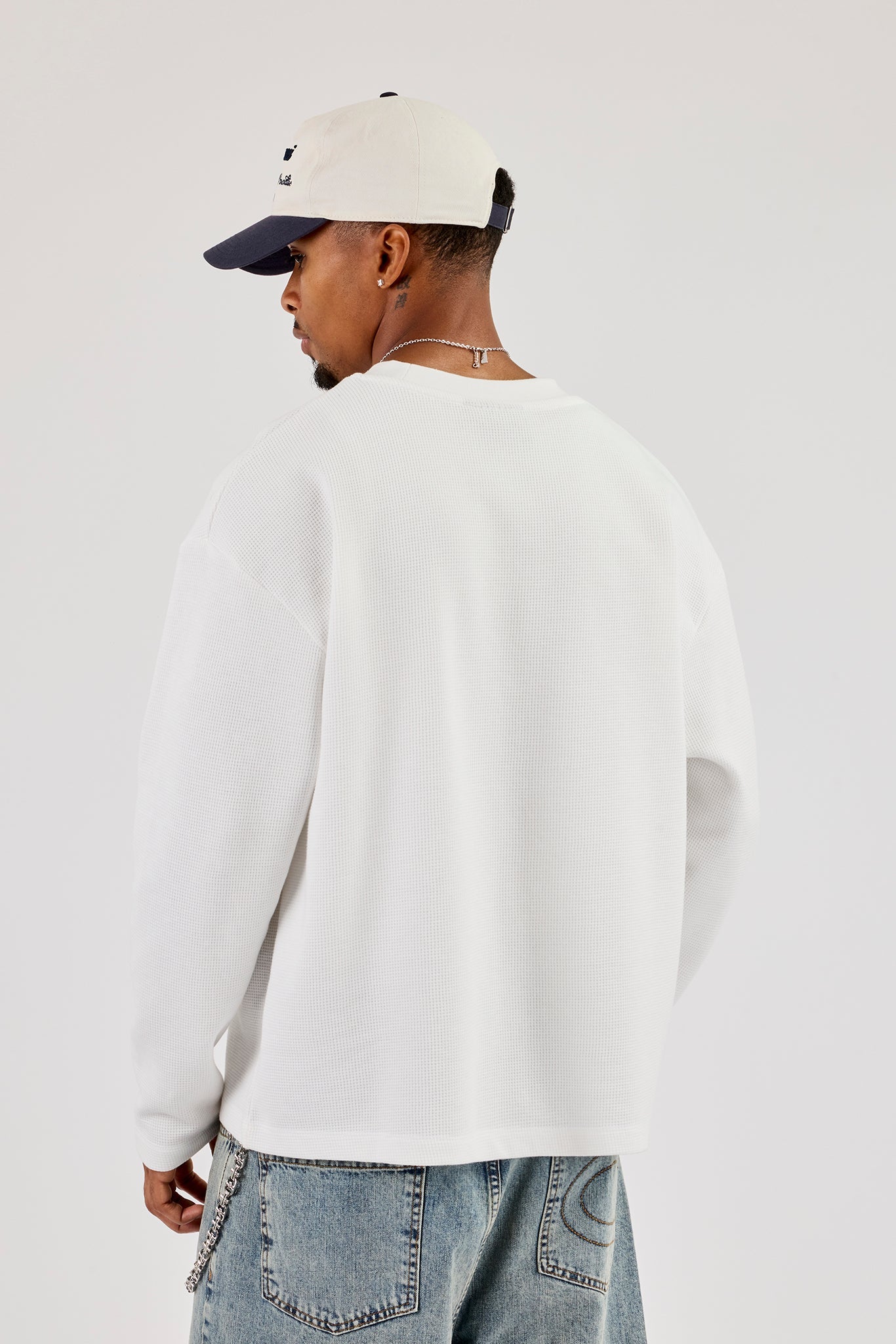 Long Sleeve Waffle Embroidered Boxy T-Shirt - Off White