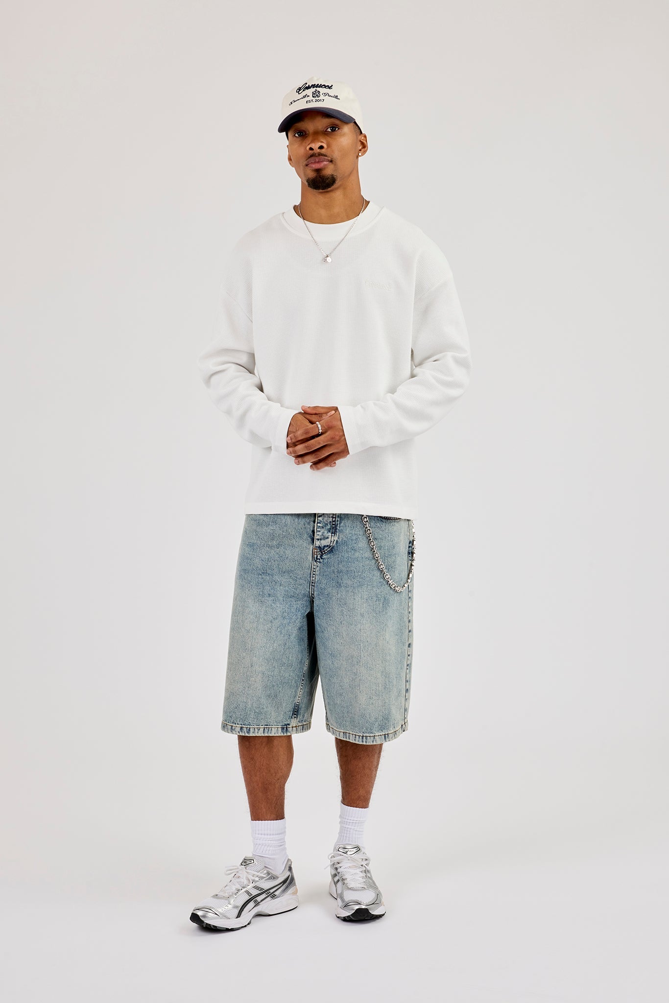 Long Sleeve Waffle Embroidered Boxy T-Shirt - Off White
