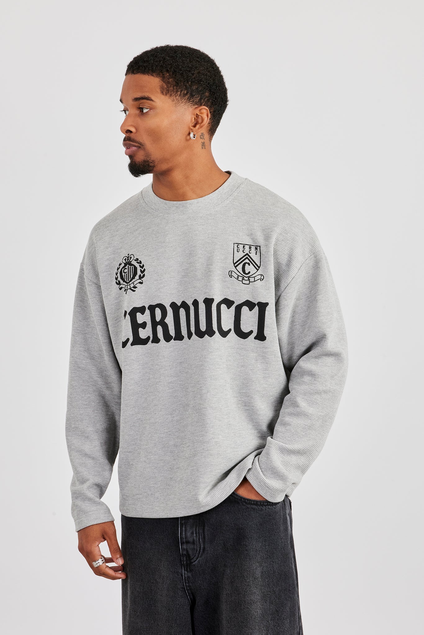 Long Sleeve Waffle Print T-Shirt - Grey