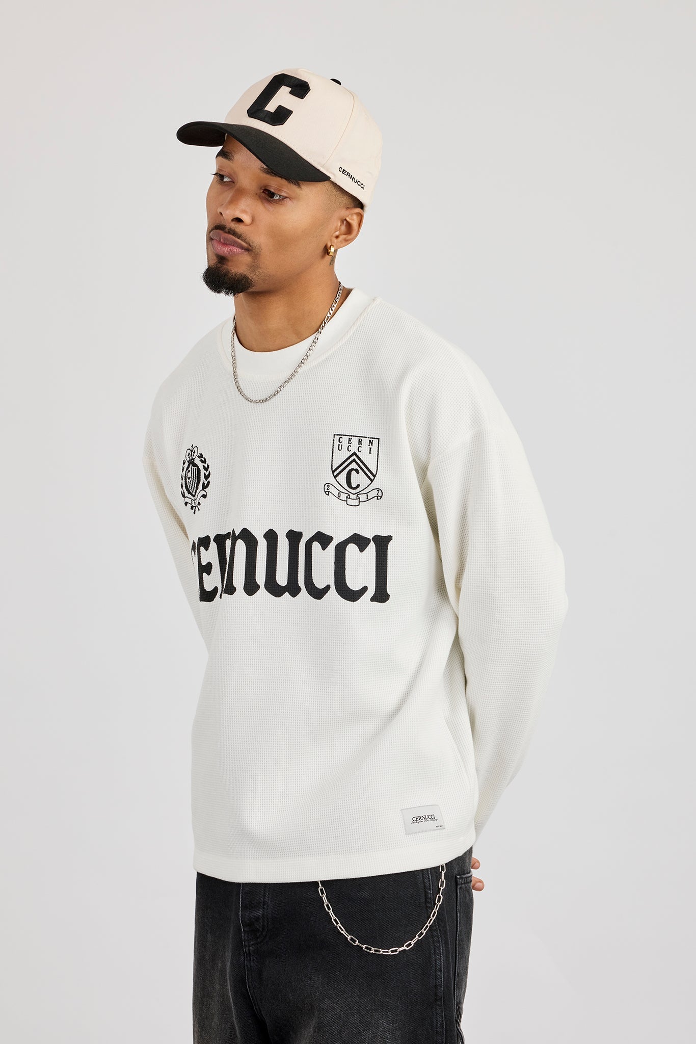 Long Sleeve Waffle Print T-Shirt - Off White | Mens Tees & Vests