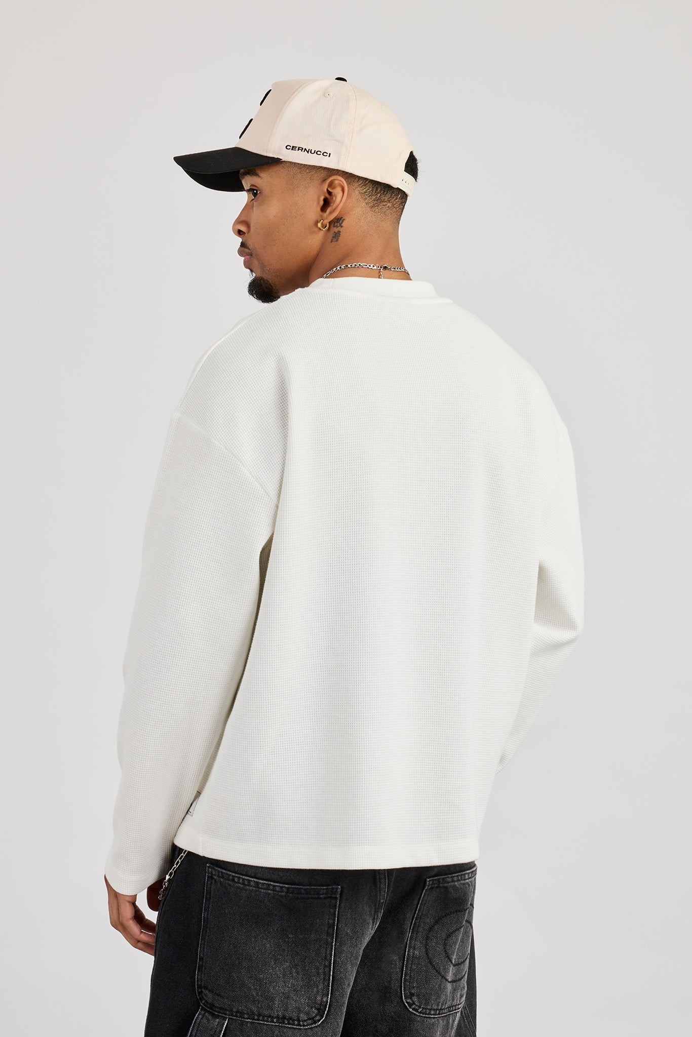 Long Sleeve Waffle Print T-Shirt - Off White