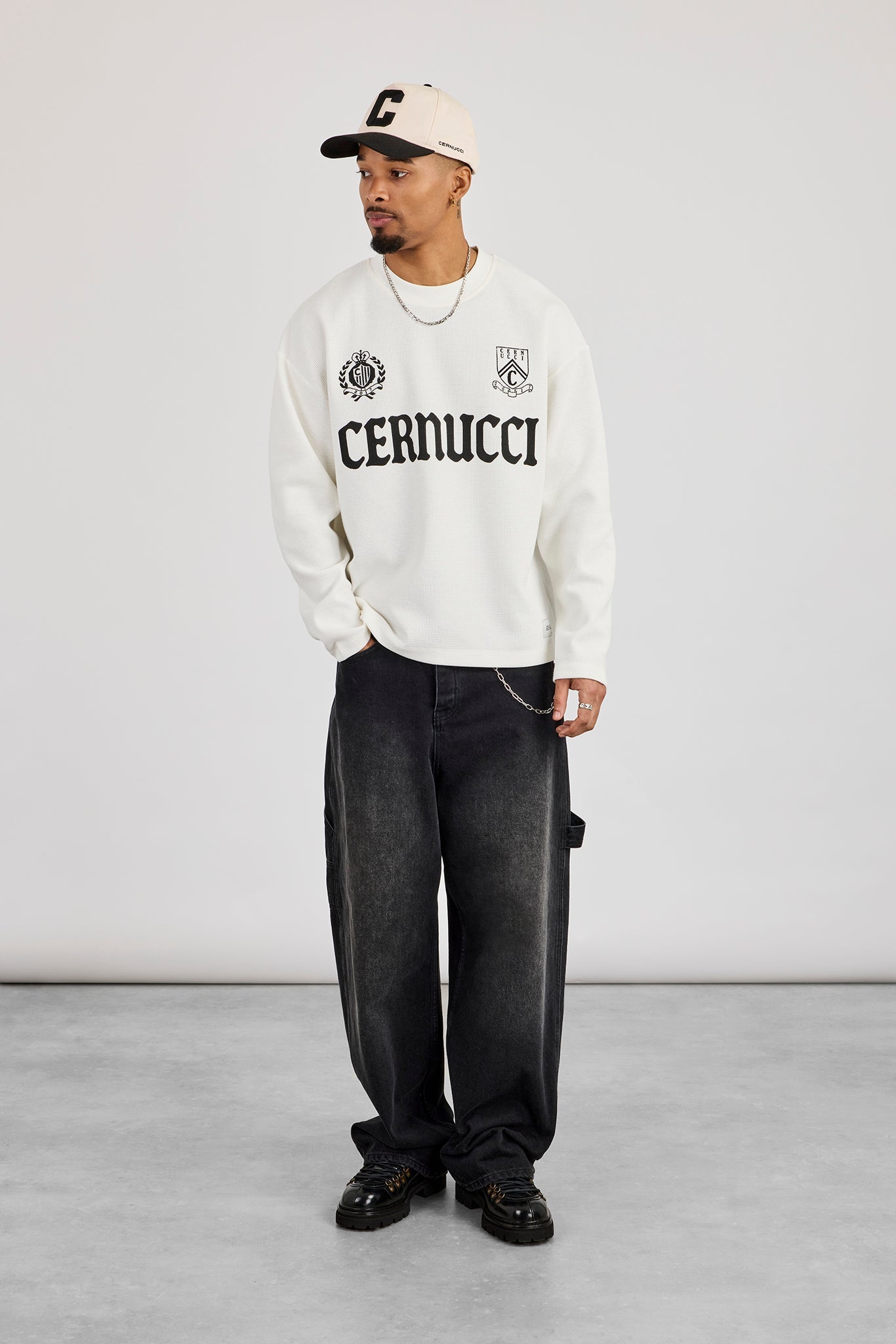 Long Sleeve Waffle Print T-Shirt - Off White