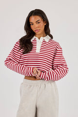 Long Sleeve Stripe Cropped Polo - Pink