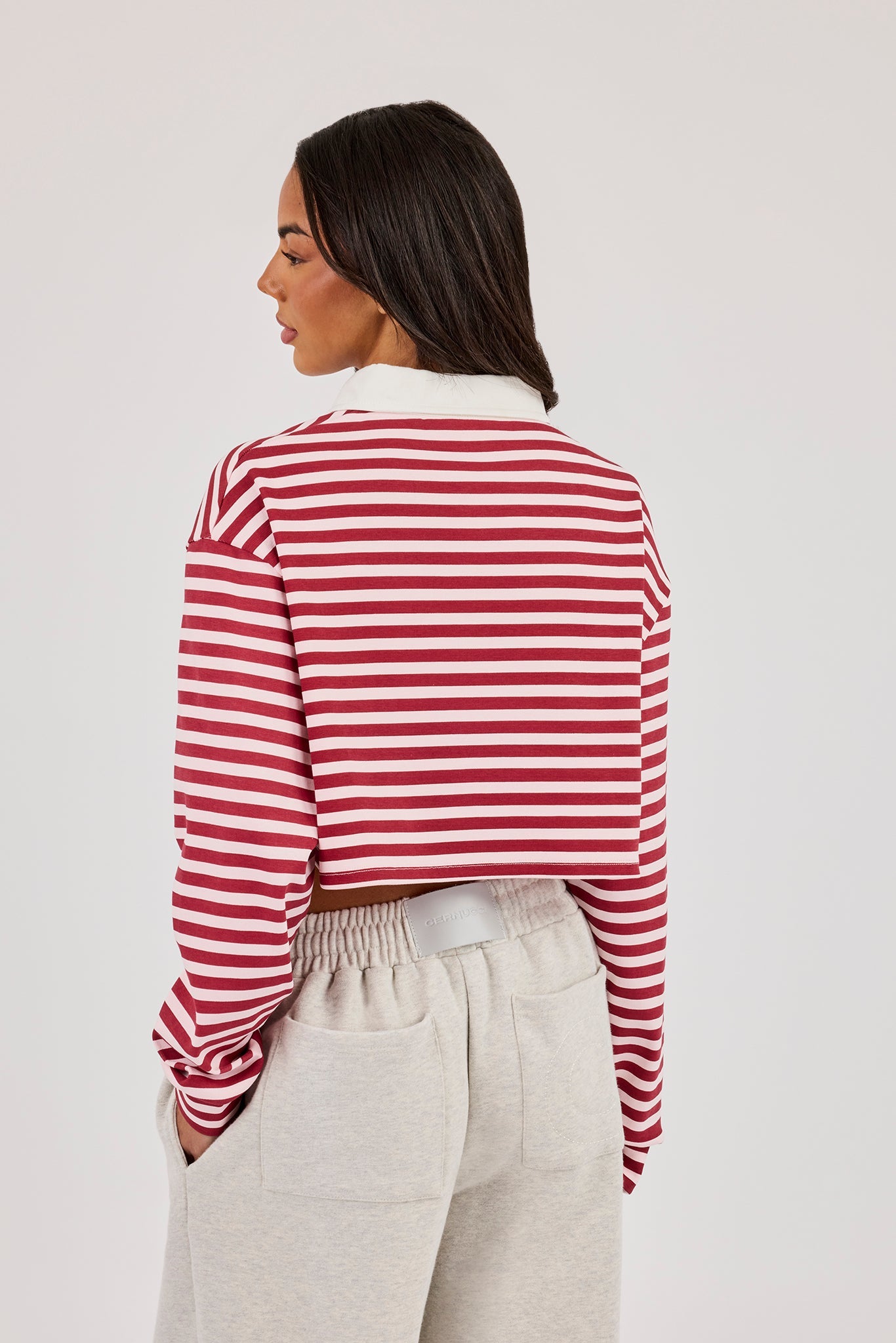 Long Sleeve Stripe Cropped Polo - Pink