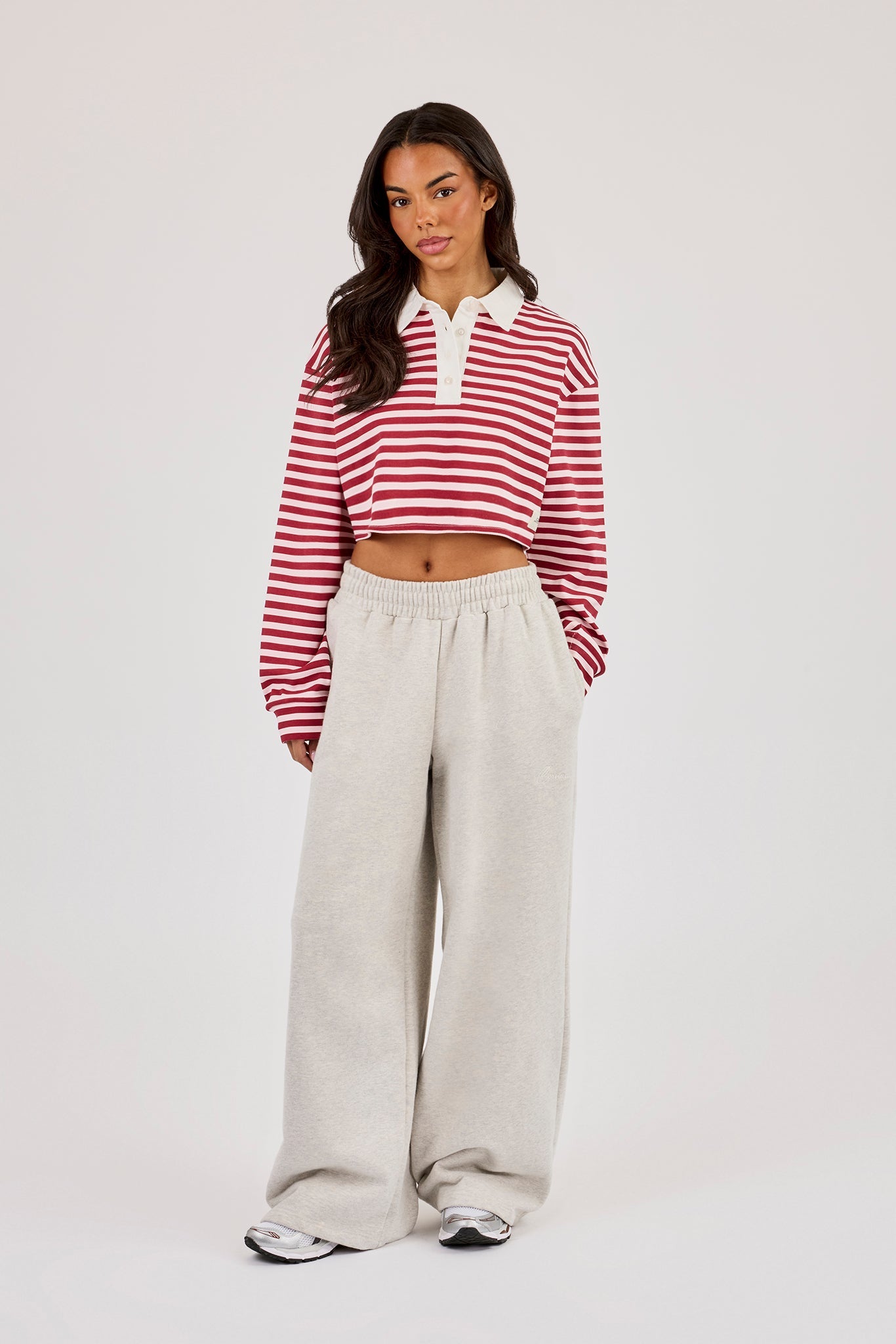 Long Sleeve Stripe Cropped Polo - Pink