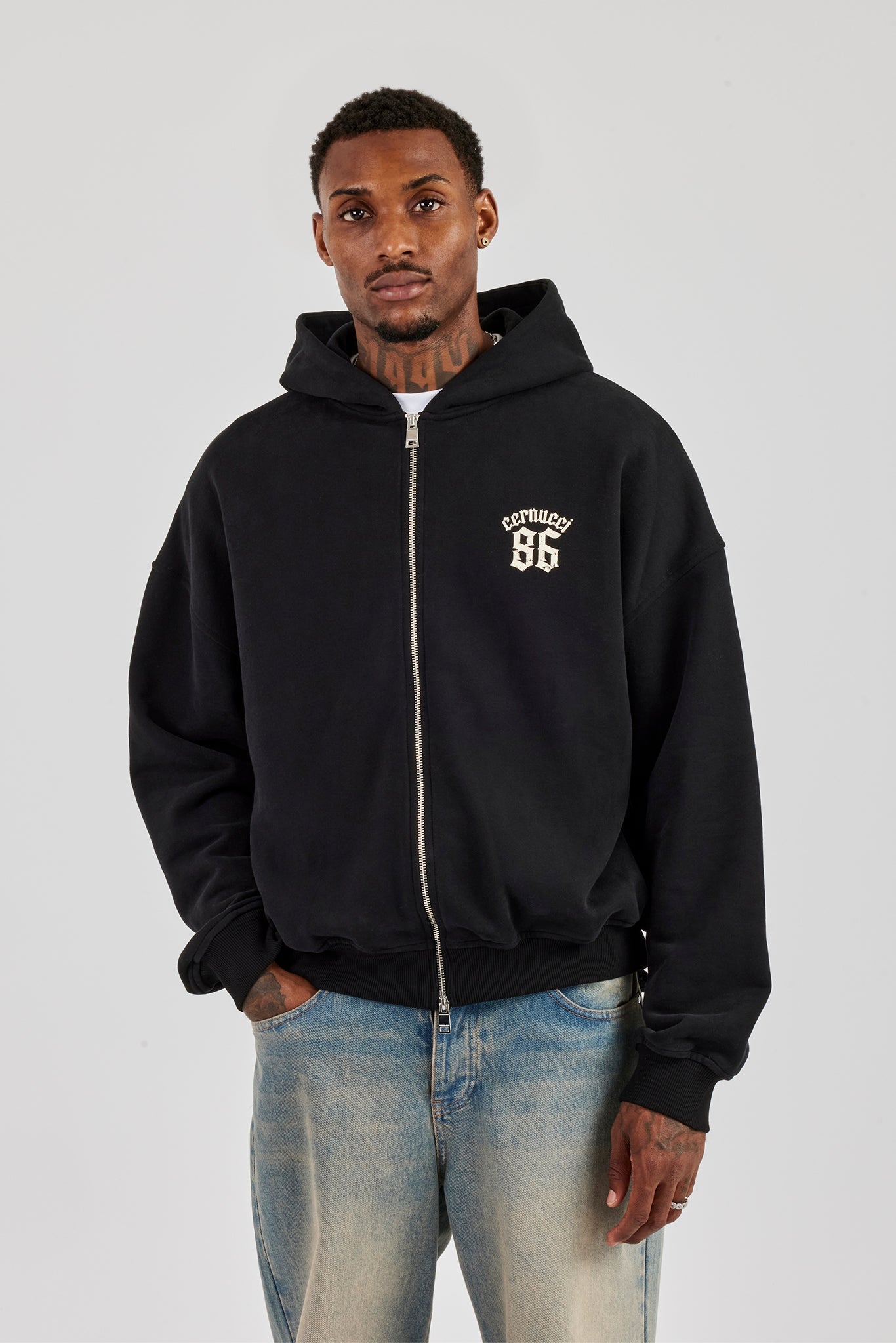86 Back Print Zip Through Boxy Hoodie - Black