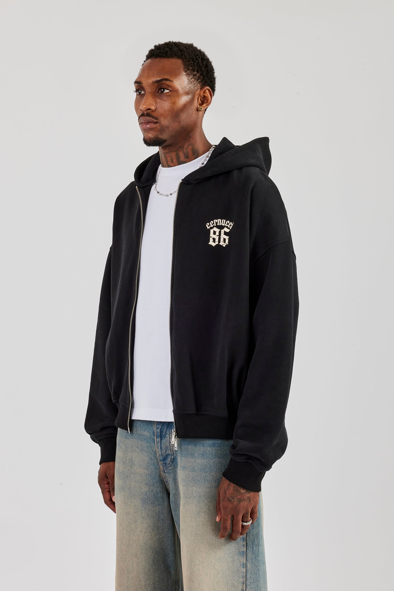 86 Back Print Zip Through Boxy Hoodie - Black