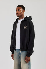 86 Back Print Zip Through Boxy Hoodie - Black