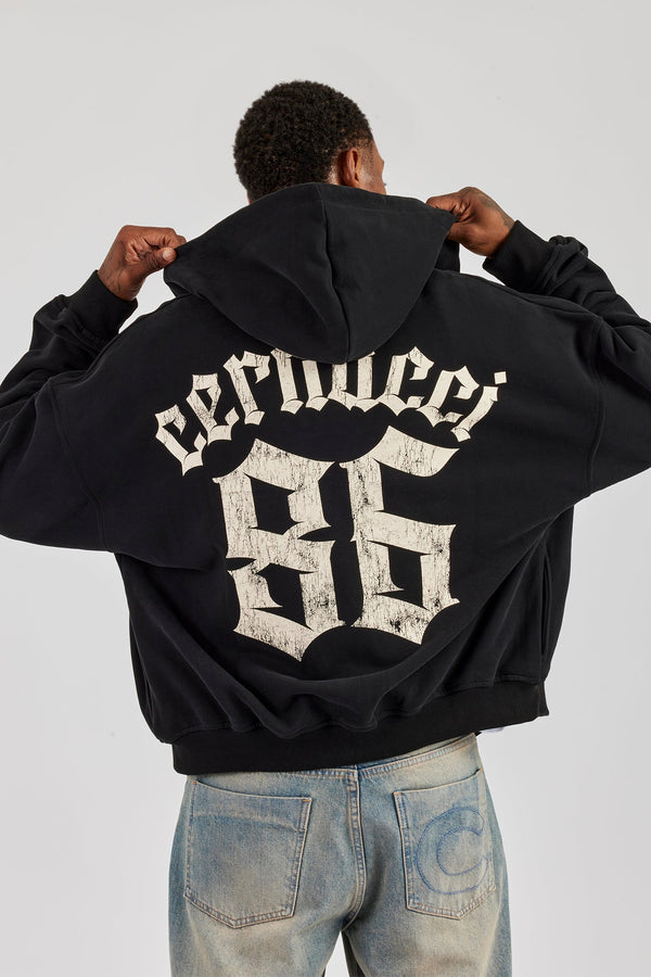 86 Back Print Zip Through Boxy Hoodie - Black