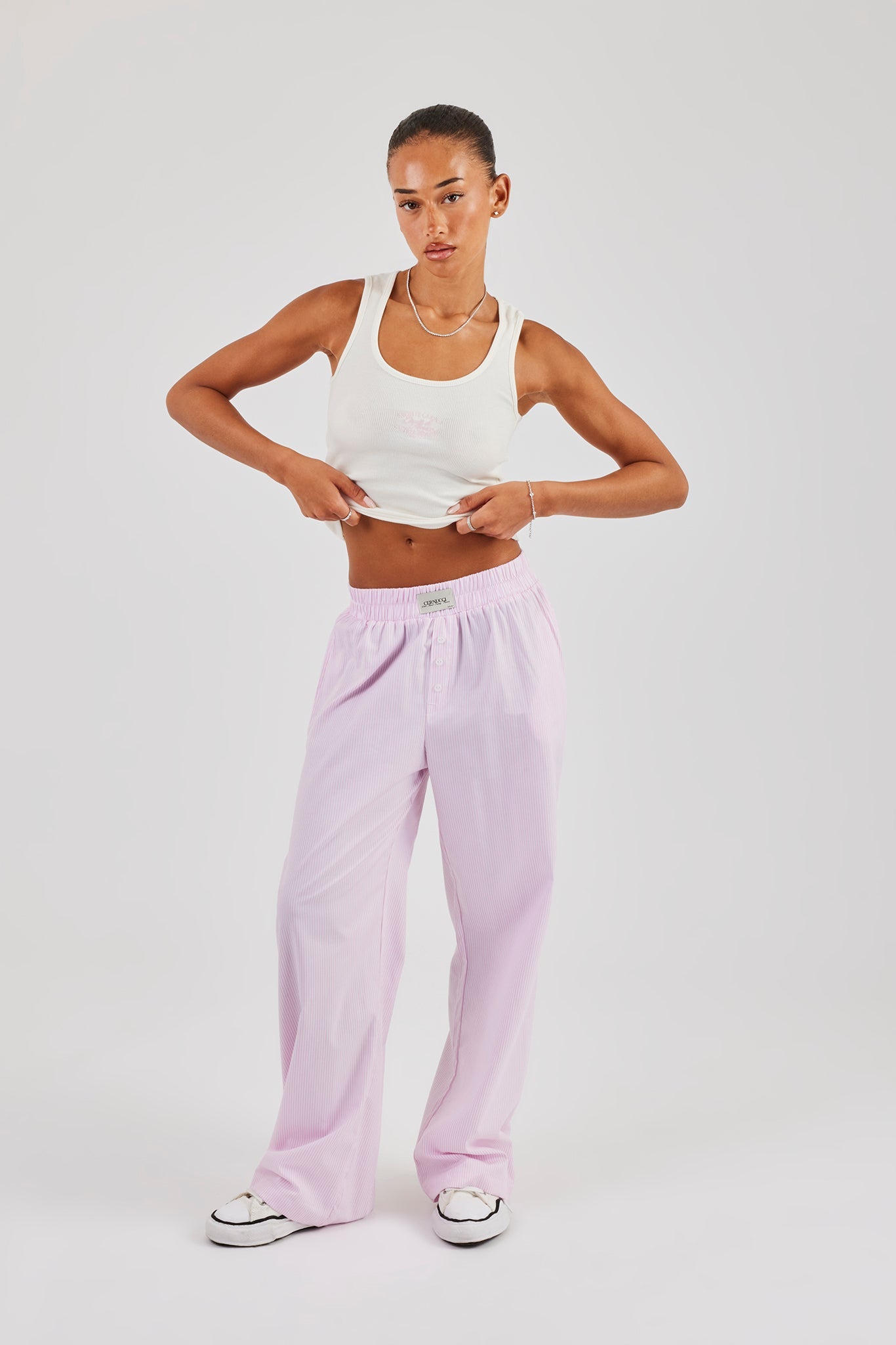 Striped Shirt & Button Detail Trouser - Pink