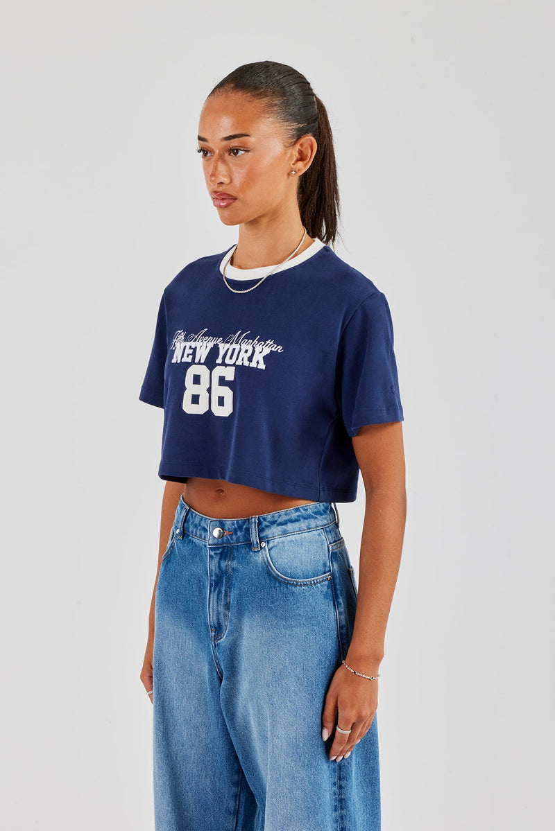 New York Contrast Cropped T-Shirt - Navy Blue / M - Cernucci