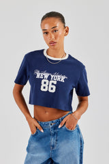 New York Contrast Cropped T-Shirt - Navy Blue