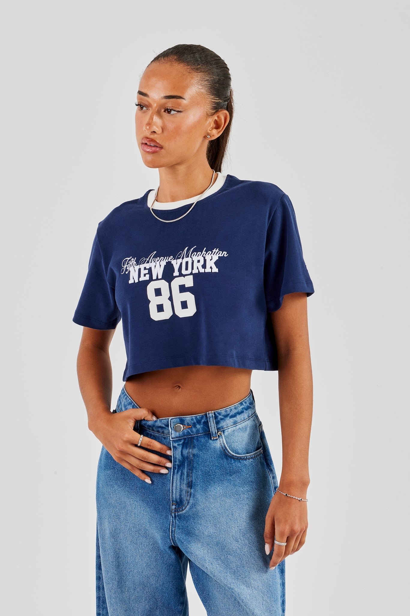 New York Contrast Cropped T-Shirt - Navy Blue | Womens Tees