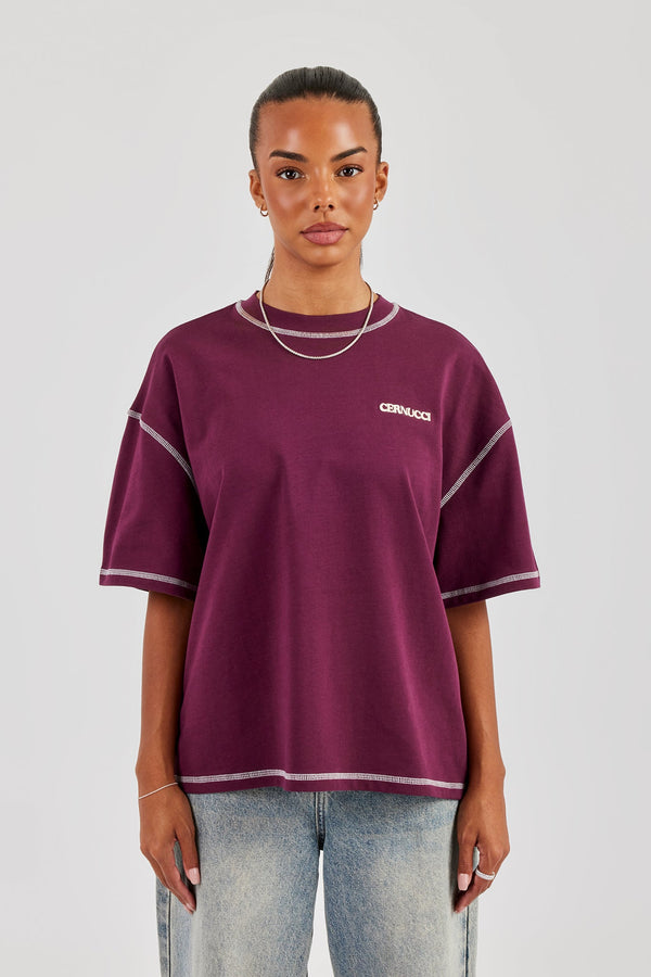 Alpes Contrast Stitch Oversized T-Shirt - Berry