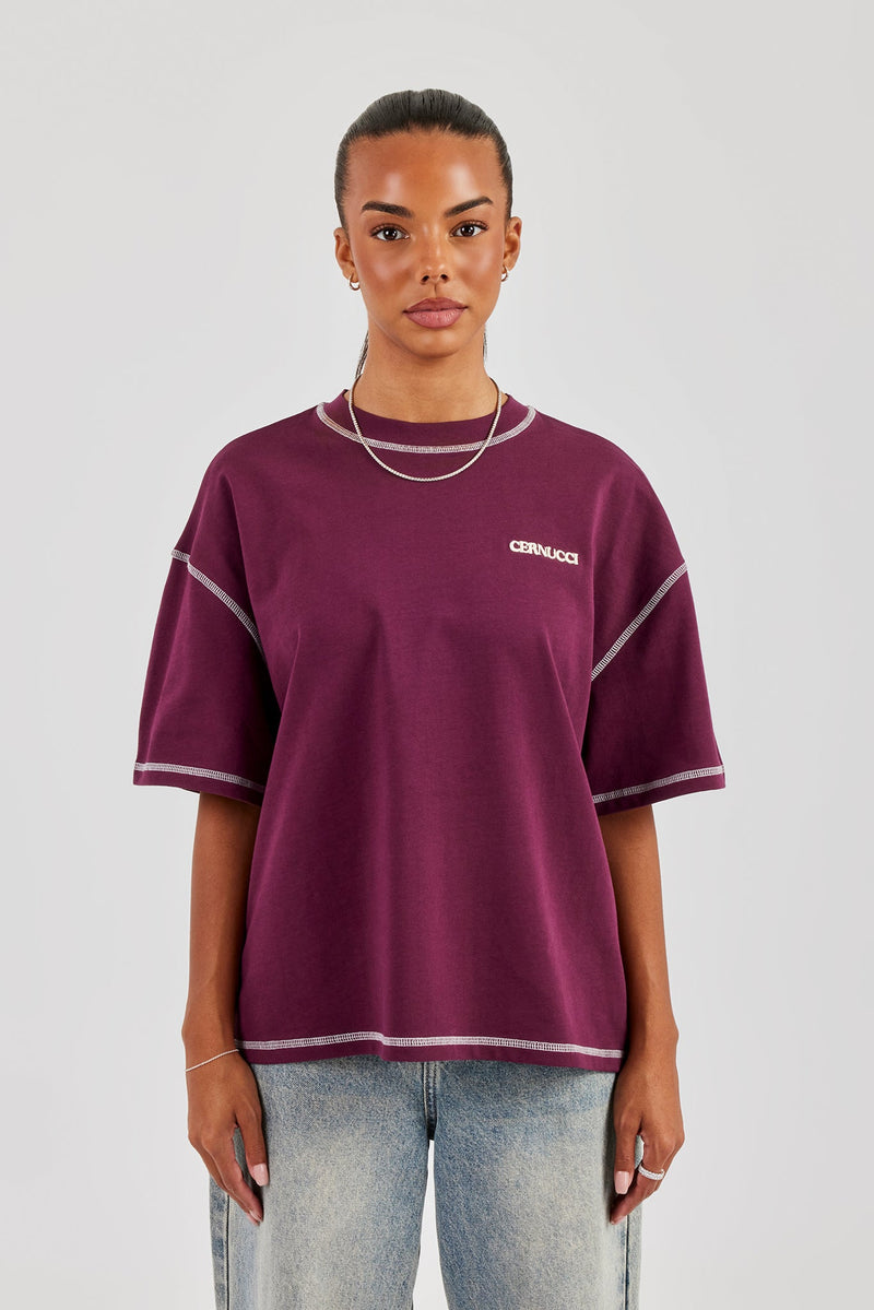 Alpes Contrast Stitch Oversized T-Shirt - Berry