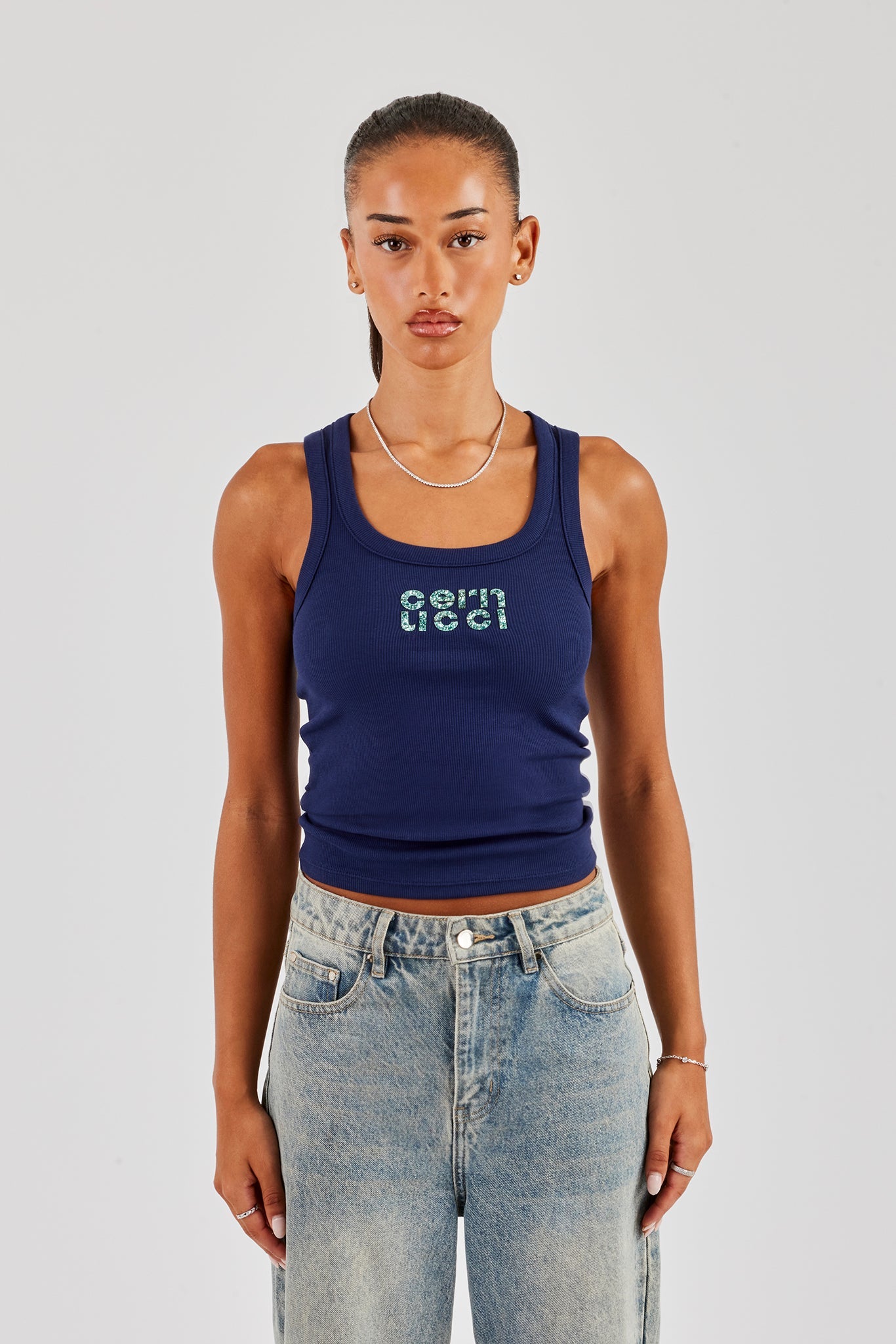 Glitter Applique Scoop Neck Rib Vest - Navy Blue